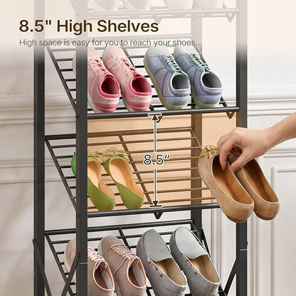 YATINEY 8-Tier Tall Shoes Rack, Slim Shoe Organizer for Entryway, Large-Capacity Thin Shoe Rack for Closet, Narrow Shoe Storage Shelf with Wooden Panel, Space Saving, Black and Rustic Brown SS18BR