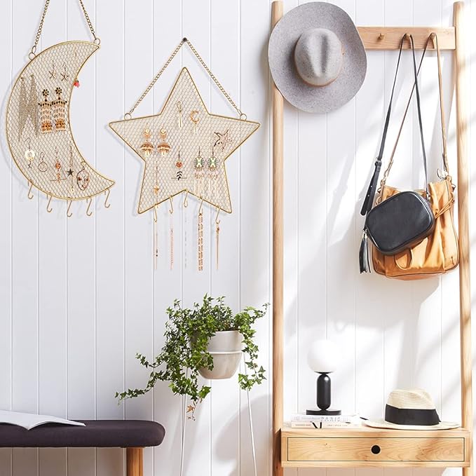 Rolin Roly Earring Wall Holder Mounted Jewelry Rack Hanging Earring Organizer with 7 Hooks Star Shaped for Display Grid Golden Bracelet Necklace Ring