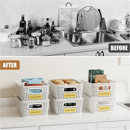 8 Pcs Plastic Storage Baskets with Plastic Lids and Labels 5.29qt Stackable Box Basket Pantry Decorative Containers, Small Storage Bins for Desktop Shelves Drawers Closets Office Cabinets 10*7.2*4.1"