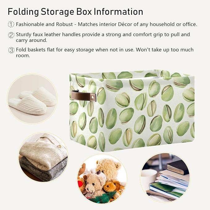 Large Storage Basket Pistachios Watercolor Green Storage Bin Cube Canvas Fabric Organizer Handles Collapsible for Clothes Toys Bedroom Decorative
