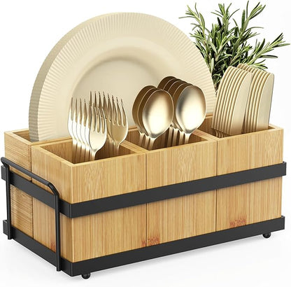 Silverware Caddy for Party, Wood Utensil Caddy with 4 Removable Compartments for Kitchen Countertop Organizing Paper Plate, Fork, Spoon, Napkin