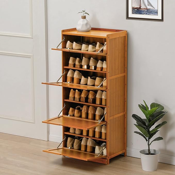 Magshion Bamboo Entryway Shoe Storage Cabinet with Pull-Down Door, 7-Tier Freestanding Shoe Cabinet Organizer for Hallway Entryway, for Convenient Shoe Organization (Brown)