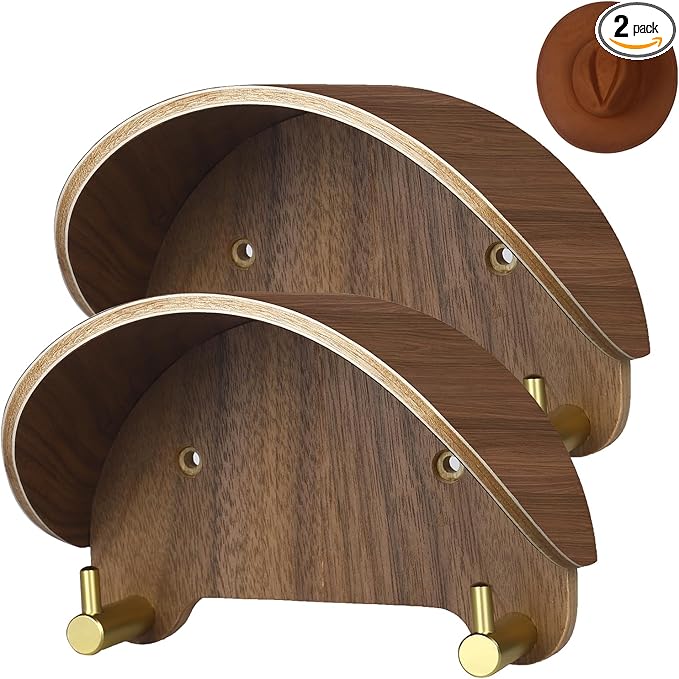 Cowboy Hat Rack for Wall（2-Pack）, Walnut Wood Cowboy Hat Holder & Hat Hooks for Wall, Non-Damaging Shape-Preserving Design for Wide Brim Hats, Compatible with Various Wall Surfaces