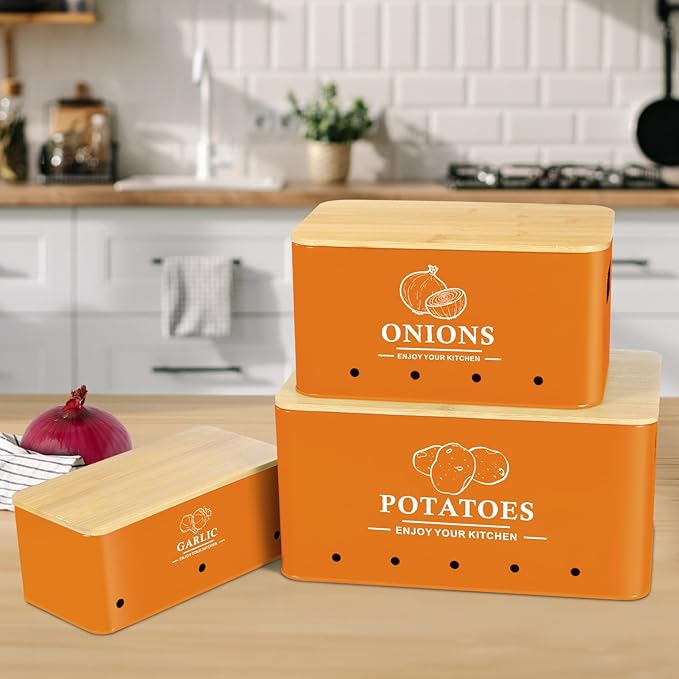 Kitchen Vegetable Storage Set of 3, Metal Onion Garlic Potato Storage Set, Kitchen Canisters Vegetable Keeper Containers with Aerating Holes and Wooden Lid (Orange)