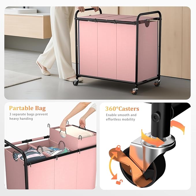 180L (47.55 Gal) Laundry Sorter 3 Section, Rolling Laundry Basket with Lockable Wheels and Lid, Laundry Hamper with 3 Separated Removable Bags Dirty Clothes Hamper for Laundry Room Organizer, Pink