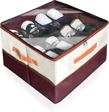 16-Grid Multifunctional Foldable Shoe Organizer, Collapsible Fabric Bin with Handles & Mesh Pockets, Space-Saving Stackable Closet Storage for Shoes, Socks & Accessories (16.9"x16.9"x12.2")