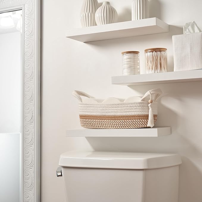Decorative Toilet Paper Basket – Beautiful Bathroom Organizer for Toilet Tank Storage Decor – Boho Cotton Rope Bin with Tassel for Bathroom Accessories and as Shelf Decor