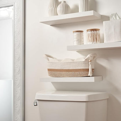 Decorative Toilet Paper Basket – Beautiful Bathroom Organizer for Toilet Tank Storage Decor – Boho Cotton Rope Bin with Tassel for Bathroom Accessories and as Shelf Decor