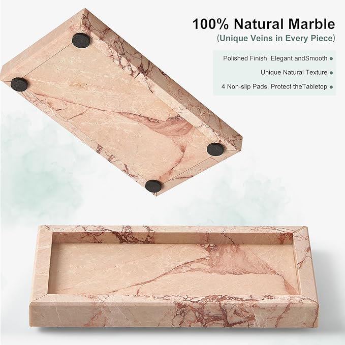 Natural Small Marble Vanity Tray, Luxury Stone Organizer for Bathroom & Kitchen | Holds Soap Dispenser, Jewelry, Perfume | Non-Resin, Non-Ceramic Décor
