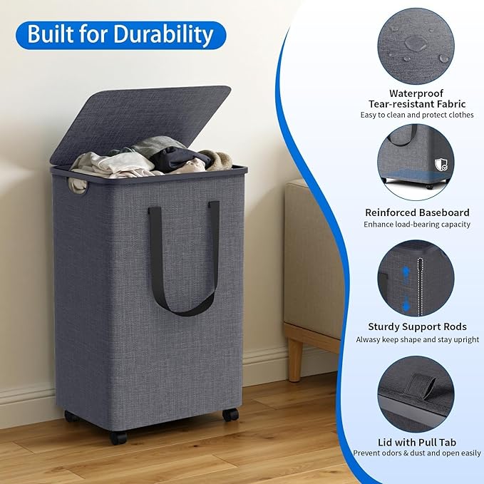 Laundry Basket with 5 Wheels, Tall Dirty Laundry Hamper, Rolling Laundry Basket with Lid, Collapsible Clothes Hamper for Bathroom Bedroom Dorm Laundry Room, Light Gray, 75L