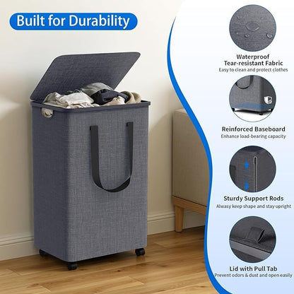 Laundry Basket with 5 Wheels, Tall Dirty Laundry Hamper, Rolling Laundry Basket with Lid, Large 100L Collapsible Clothes Hamper for Laundry Room Bedroom Bathroom Dorm, Light Gray