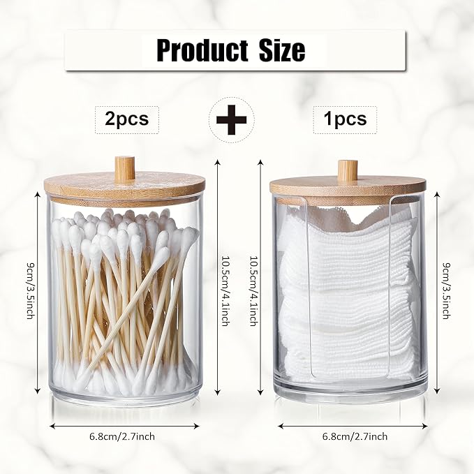 3 Pcs Qtip Holder and Cotton Round Pad Dispenser with Bamboo Lid, Small Clear Acrylic Containers for Cotton Swab/ball, Apothecary Jars Set for Bathroom/Restroom/Vanity/Makeup Storage Organizer