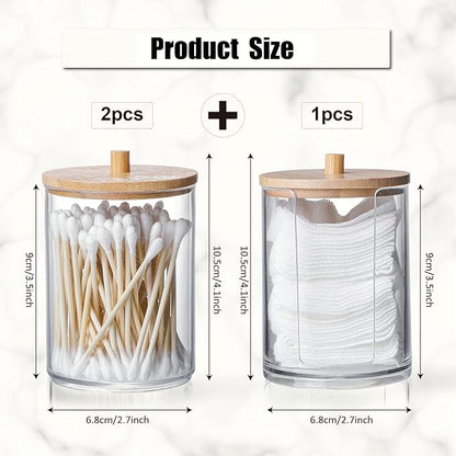 3 Pcs Qtip Holder and Cotton Round Pad Dispenser with Bamboo Lid, Small Clear Acrylic Containers for Cotton Swab/ball, Apothecary Jars Set for Bathroom/Restroom/Vanity/Makeup Storage Organizer