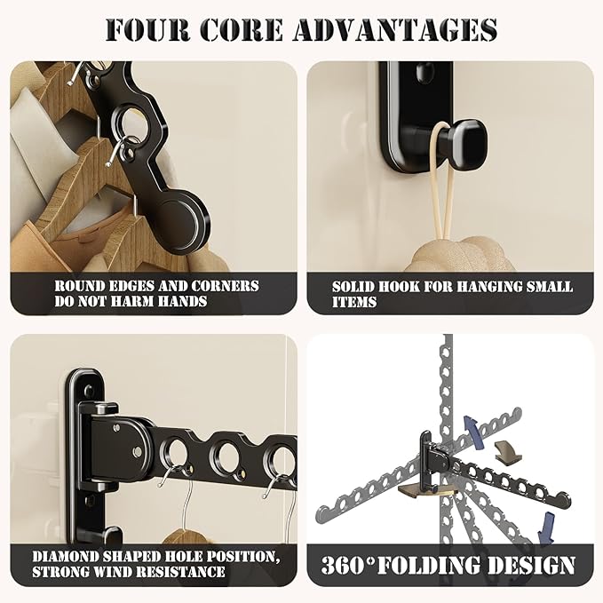 Wall Mounted Clothes Hanger Rack Folding Wall Mounted Clothes Hanger for Laundry (Black)