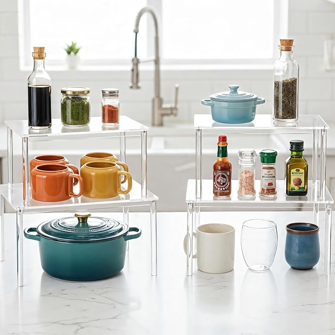 4 Pcs Clear Acrylic Cabinet Organizers, Stackable Countertop Spice Racks, Modular Shelf Risers for Kitchen Pantry Bathroom Desk Storage, Mixed Sizes