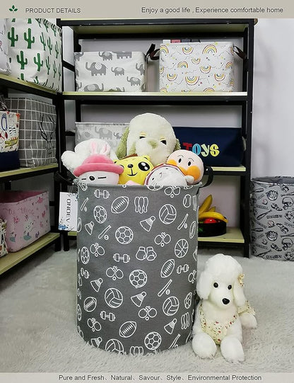 Round Sports Themed Laundry Basket, Collapsible Laundry Hamper for Boys,Cute Ball Print Storage Bin,Waterproof Toy Storage for Kids Room,Nursery,Playroom,New Parent Gift(Grey Sports Ball)
