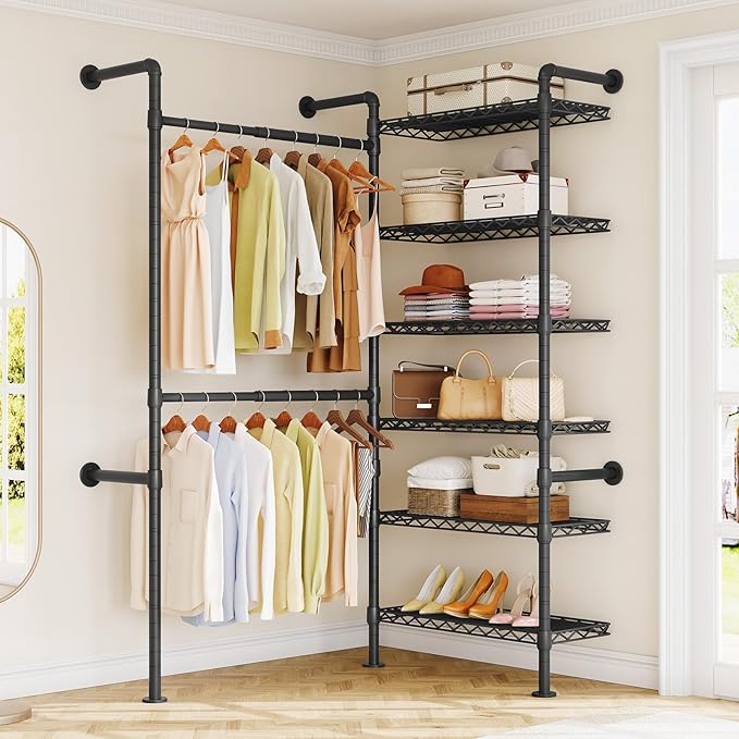 ONBRILL H2 Wall Mounted Clothing Rack, Expandable Industrial Pipe Clothes Rack Garment Racks for Hanging Clothes, Heavy Duty Closet Organizers and Storage in Closet System, Black