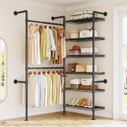ONBRILL H2 Wall Mounted Clothing Rack, Expandable Industrial Pipe Clothes Rack Garment Racks for Hanging Clothes, Heavy Duty Closet Organizers and Storage in Closet System, Black