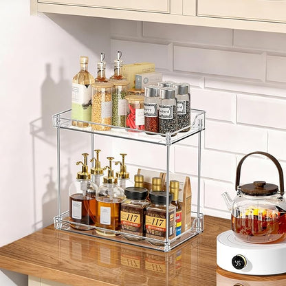 2 Tier Bathroom Counter Organizer, Clear Bathroom Counter Shelf for Vanity Countertop, Kitchen, Sink Storage, Tiered Skincare Organizer for Makeup, Perfume, Beauty Supplies (Rectangular)