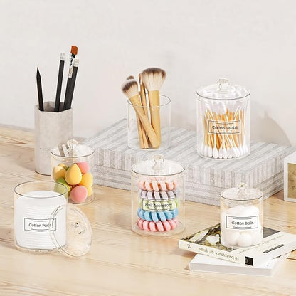 MateeyLife Qtip Holder 6 Pack, Acrylic Q-tip Dispenser for Cotton Pads, Swabs, Balls, Storage Containers for Organizing, Clear Bathroom Canisters with Lid, Apothecary Jars Home Decor Accessories Set