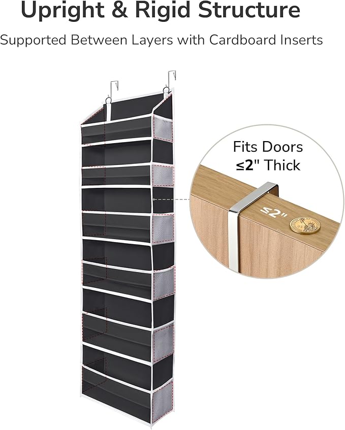 ULG Over The Door Organizer with 6 Large Pockets 12 Side Pockets, 50lbs Weight Capacity Door Hanging Organizer for Bedroom, Bathroom Black