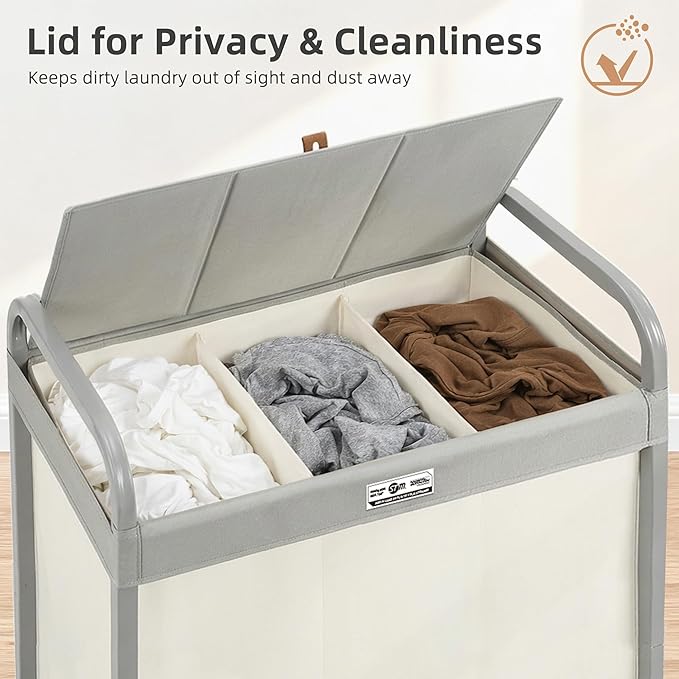 STORAGE MANIAC 3 Section Laundry Sorter, 60 Gal. Laundry Hamper Cart with Heavy Duty Rolling Lockable Wheels and Removable Bags, Clothes Organizer Basket Clothes Separator Hamper, Beige with Lid