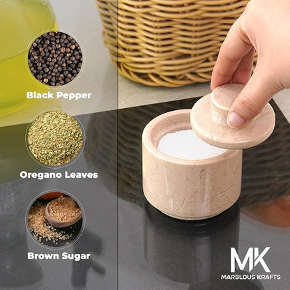 MARBLOUS KRAFTS Marble Salt Cellar with Lid 3" Verona Small Seasoning Dish, Perfect Salt Bowl for Kitchen Countertop Storage, Spice Jars