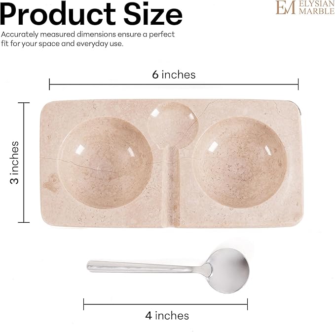 Marble Salt and Pepper Dish with Spoon, Handcrafted Double Spice Tray with 2 Compartments, Natural Stone Condiment Dish for Cooking Prep and Serving - Verona Beige