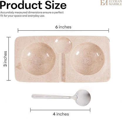 Marble Salt and Pepper Dish with Spoon, Handcrafted Double Spice Tray with 2 Compartments, Natural Stone Condiment Dish for Cooking Prep and Serving - Verona Beige