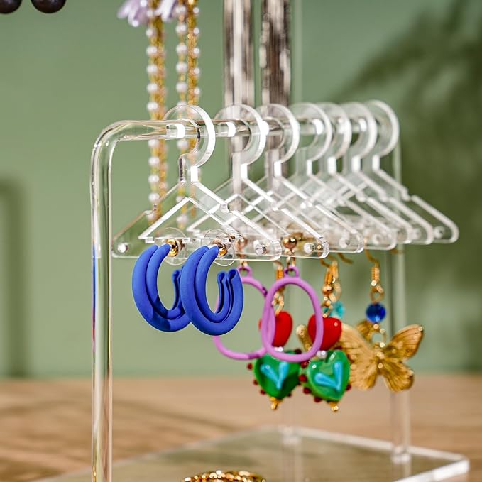 NiHome Clear Acrylic Earring Organizer Stand for Home, Store, Exhibition - Mirror-Finish 2-Tiered Display for 48 Pairs, 16 Mini Hangers Holder Tangle-Free Storage Adds Elegance to Jewelry Presentation