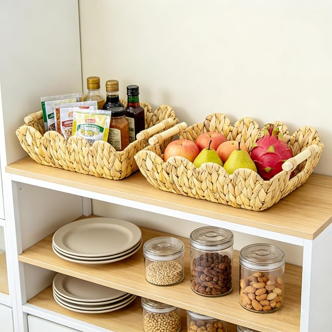 2Pack Scalloped Edge Wicker Basket,Hand-Woven Rattan Baskets with Wooden Handles,Natural Water Hyacinth Basket for Laundry,Shelves,Gift Basket