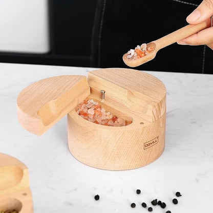 Wooden Divided Salt Cellar With Lid And Spoon,Salt Box With 2 Compartment,Salt container with Magnetic Swivel lid, Beech Wood