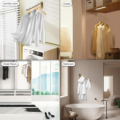 Sumnacon Stainless 2 Pcs Steel Clothes Hanger Rack-Wall Mount Garment Hook with Swing Arm, Sturdy Coat Robe Storage Organizer for Laundry Room Bedrooms Clothing Drying Rack with 5 Hooks, Gold
