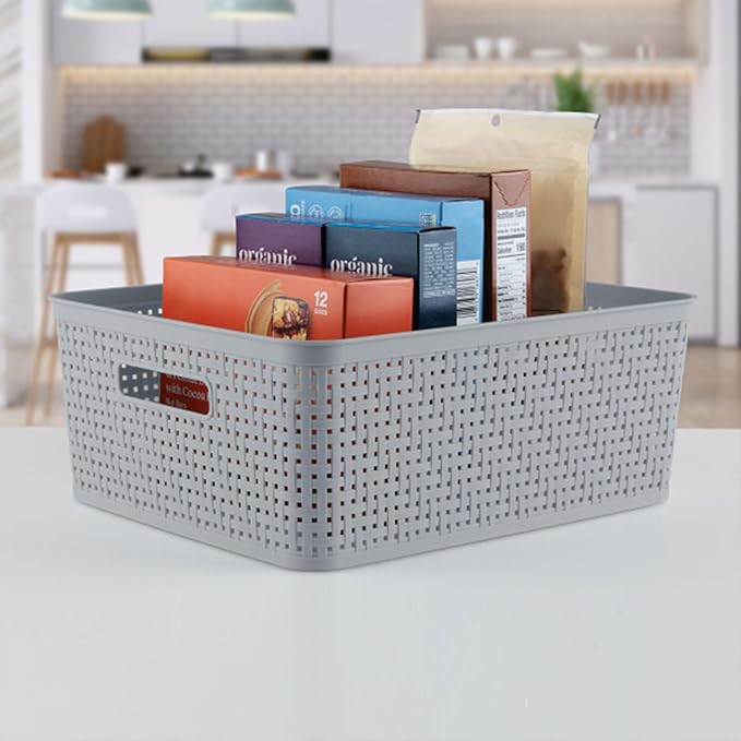 Sterilite 6-Pack Short Basket, Woven Plastic Storage Baskets for Organization, Cement - Organizing Bin Containers with Handles for Bedroom, Bathroom, Dorm, and Closet