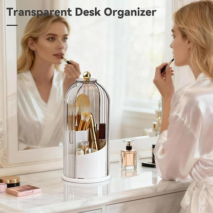 Hvygss 360° Rotating Makeup Brush Holder with Lid, Waterproof Three-Compartment Makeup Organizer, 180° Side-Pull Door Desk Organizer, Dustproof Brush Holder for Vanity and Bathroom (Grey)