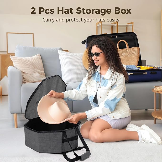 Homaisson 2 Pcs Cowboy Hat Box for Storage Collapsible Sturdy Cowboy Hat Case with Handle for Men and Women Travel Storage Organizer Large Cap Bag for Closet