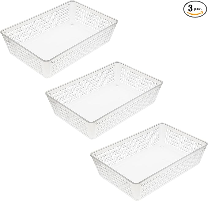 YBM HOME 3-Pack Plastic Storage Baskets Bins for Home Junk Drawer, Shelves, and Office Organization, Functional Trays/Containers Great for Kitchen Pantry, Cabinets, Bedrooms, and Bathrooms, Clear