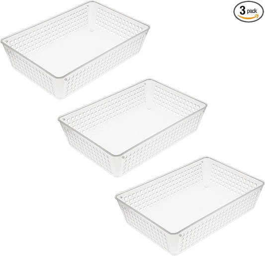 YBM HOME 3-Pack Plastic Storage Baskets Bins for Home Junk Drawer, Shelves, and Office Organization, Functional Trays/Containers Great for Kitchen Pantry, Cabinets, Bedrooms, and Bathrooms, Clear