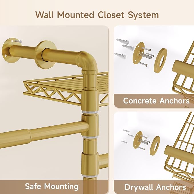 Wall Mounted Garment Rack, Walk-in Closet System with Expandable Rods, Adjustable Shelves, Industrial Pipe Clothing Racks, Hanging Clothes Organizers and Storage, Metal Closet Shelving Wardrobe
