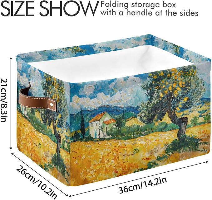 Large Storage Basket Tree Field Farmhouse Painting Storage Bin Cube Canvas Fabric Organizer Handles Collapsible for Clothes Toys Bedroom Decorative