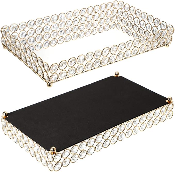 Hipiwe Crystal Cosmetic Vanity Tray, Mirrored Decorative Jewelry Organizer Tray for Perfume, Trinket, Makeup Display Dresser Home Decor (Large, Golden)