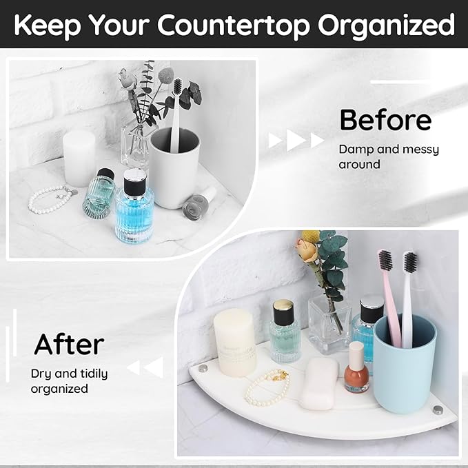 Segbeauty Quick Dry Stone Sink Tray, 9.85in Diatomaceous Water Absorbing Corner Sink Caddy, Fast Drying Stone Soap Tray Dish Sponge Holder Corner Counter Shelf Rack Drying Mat for Bathroom Kitchen