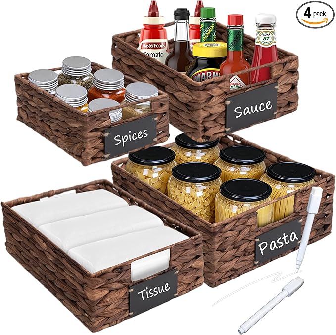 Set of 4 Sizes Hand-Woven Pantry Shelf Baskets, Hyacinth Storage Baskets with Chalkboard Labels & 2 Chalk Markers, Wicker Nestable Basket Set for Organizing Pantry Kitchen Laundry Shelves (Brown)