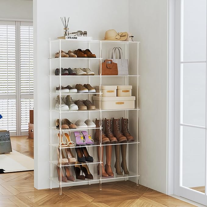 Aquiver 9 Tiers Acrylic Shoe Rack - Large Capacity Two Rows Shoe Organizer - Tall Boot Storage Shelf for Entryway, Closet, Garage, Bedroom, 28-32 Pairs, 36.2'' L x 11.8'' W x 59.6'' H
