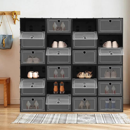 24Pcs Stackable Shoe Storage Boxes with Clear Doors - Foldable Shoe Organizer for Closet Cabinet, Black/White/Green Options for Sneakers Boots Home Organization (Black)