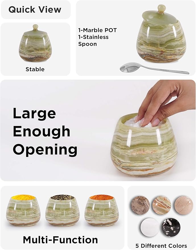 Green Onyx Marble Salt Cellar – 4.5 Inch Salt Container, Salt Jar, Salt Dish, Salt Holder, Spice Jar, Sugar Bowl, Celtic Salt, Table Salt Storage for Kitchen Countertop
