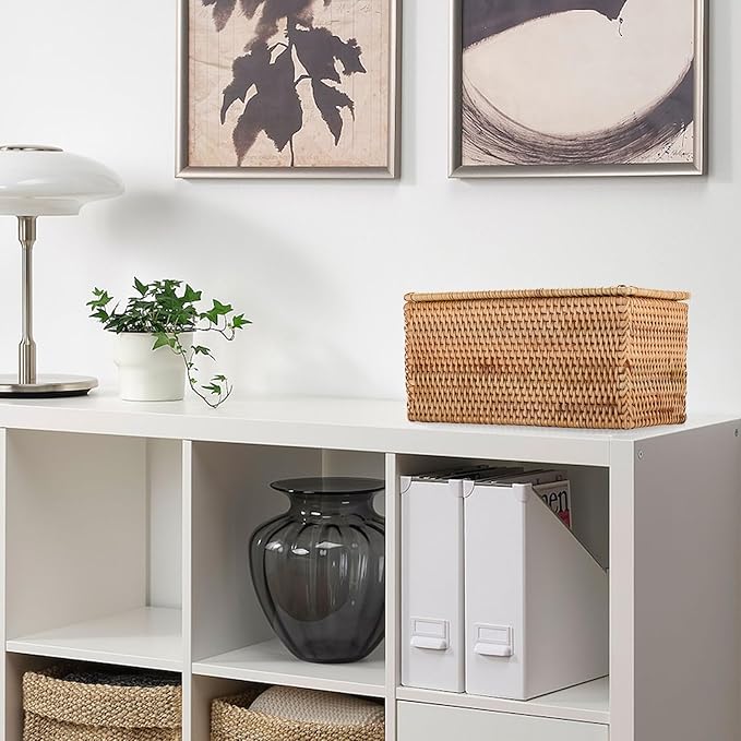 Hipiwe Rattan Basket Box with Lid Handwoven Wicker Storage Basket Bins Lidded Decorative Baskets Rectangular Household Baskets for Shelf Organizing Home Decor, 11.8"Lx6.2"Wx6.1"H