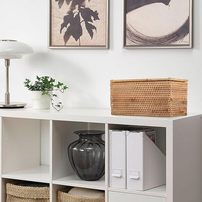 Hipiwe Rattan Basket Box with Lid Handwoven Wicker Storage Basket Bins Lidded Decorative Baskets Rectangular Household Baskets for Shelf Organizing Home Decor, 11.8"Lx6.2"Wx6.1"H