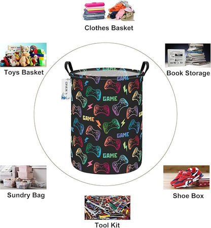 Round Game Controller Laundry Basket,Collapsible Laundry Hamper for Kids Boys,Waterproof Video Game Toy Storage Bin for Bedroom,Playroom, Boys Room,Gamer Gift (GAME)