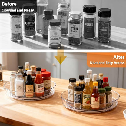 2 Pack Lazy Susan 10 inch Turntable for Spice Organization | Clear BPA-Free Plastic Rotating Organizer for Kitchen Cabinet, Pantry, Countertop, Fridge | 360-Degree Rotating Base